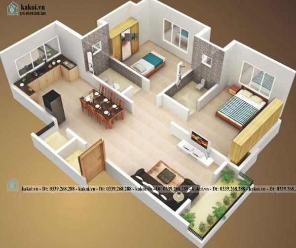 mô hình nhà cấp 4 2 phòng ngủ có phòng khách và phòng bếp.